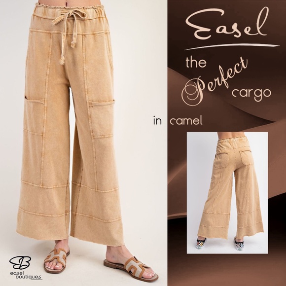 easel Pants - EASEL "Perfect Cargo" Terry Knit Mineral Washed Flared Leg Pants Raw Hem & Seams